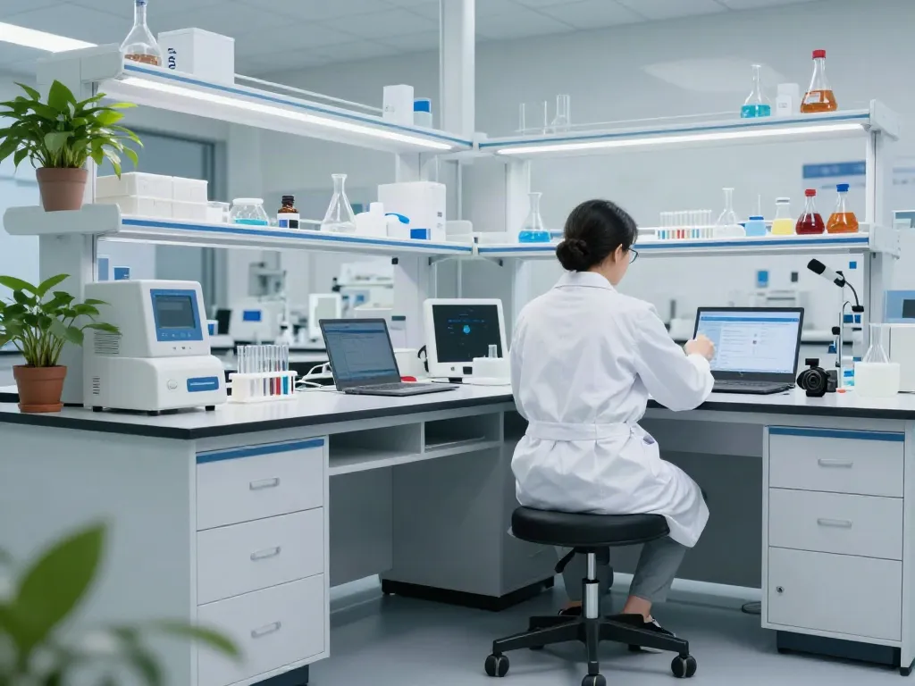 Tabouret de laboratoire réglable avec roulettes utilisé dans un environnement de recherche moderne.