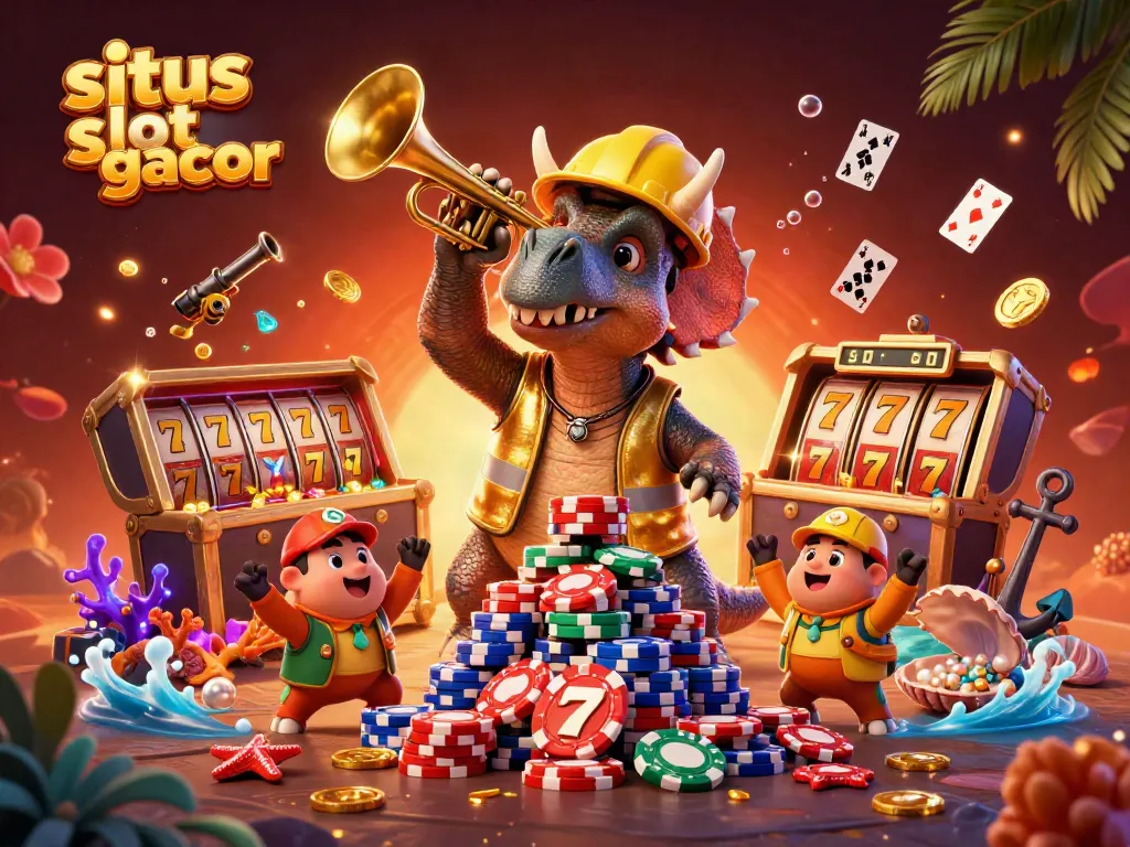 Celebrate with situs slot gacor featuring a triceratops and friends in a vibrant casino scene.