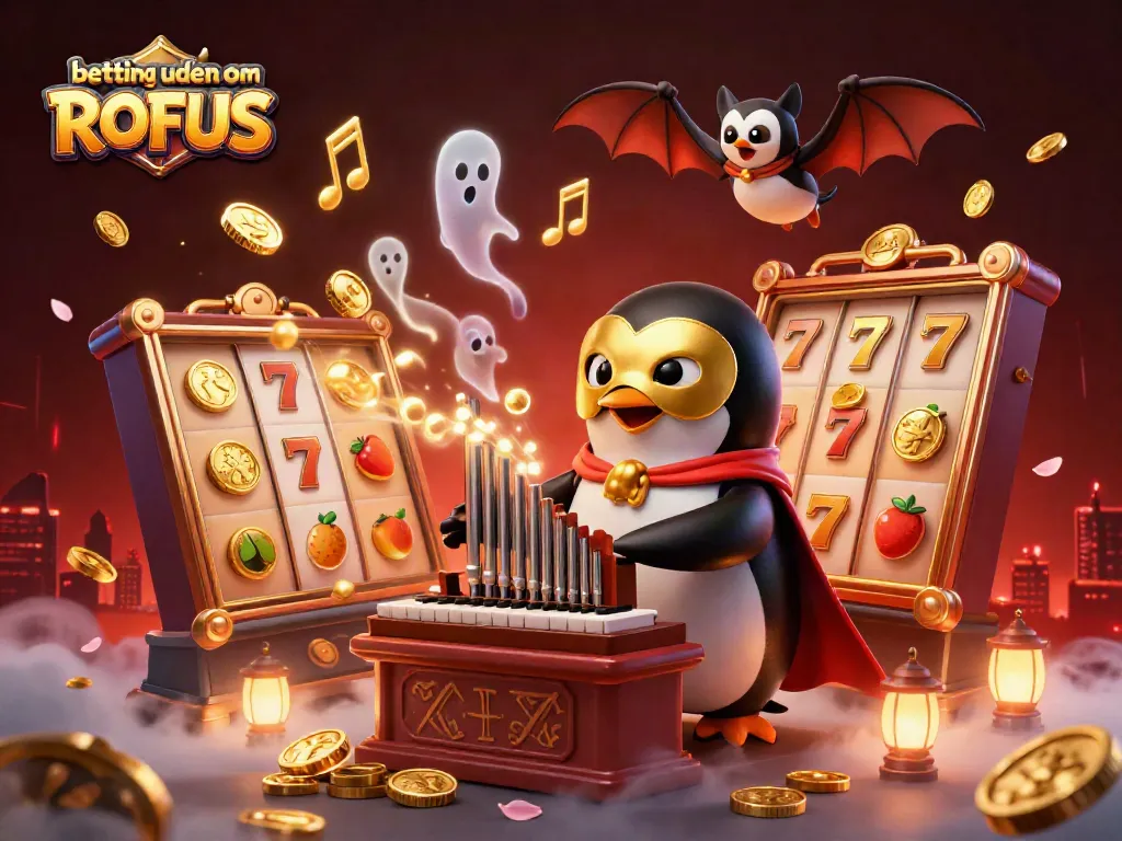 Betting uden om ROFUS illustrated with a cartoon penguin playing a golden pipe organ, surrounded by vibrant casino elements.