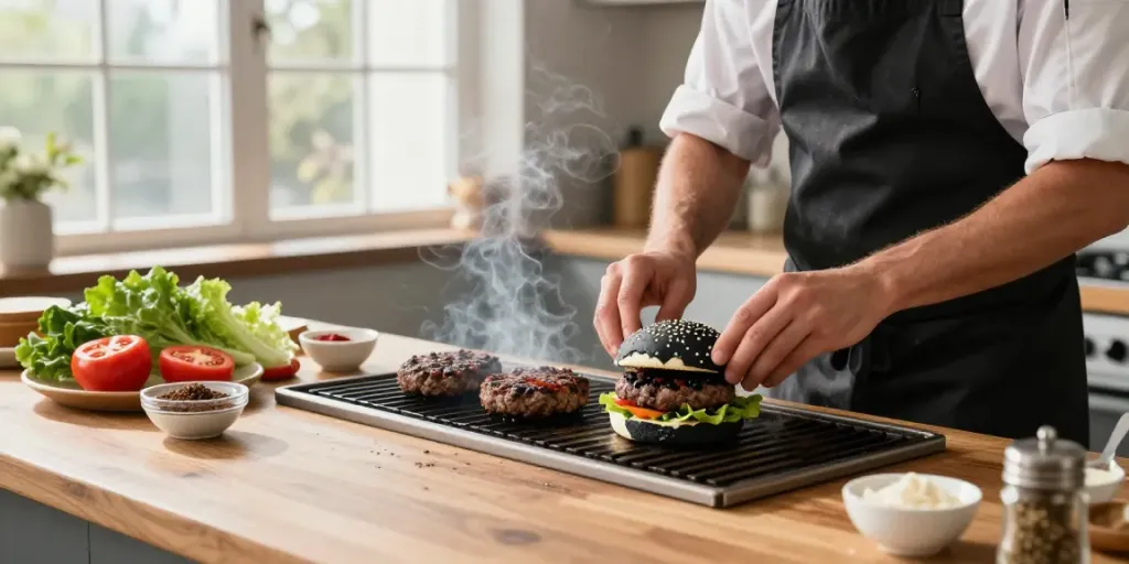 Préparation d'un burger noir et blanc gourmet dans une cuisine ensoleillée, avec un chef concentré sur la cuisson.