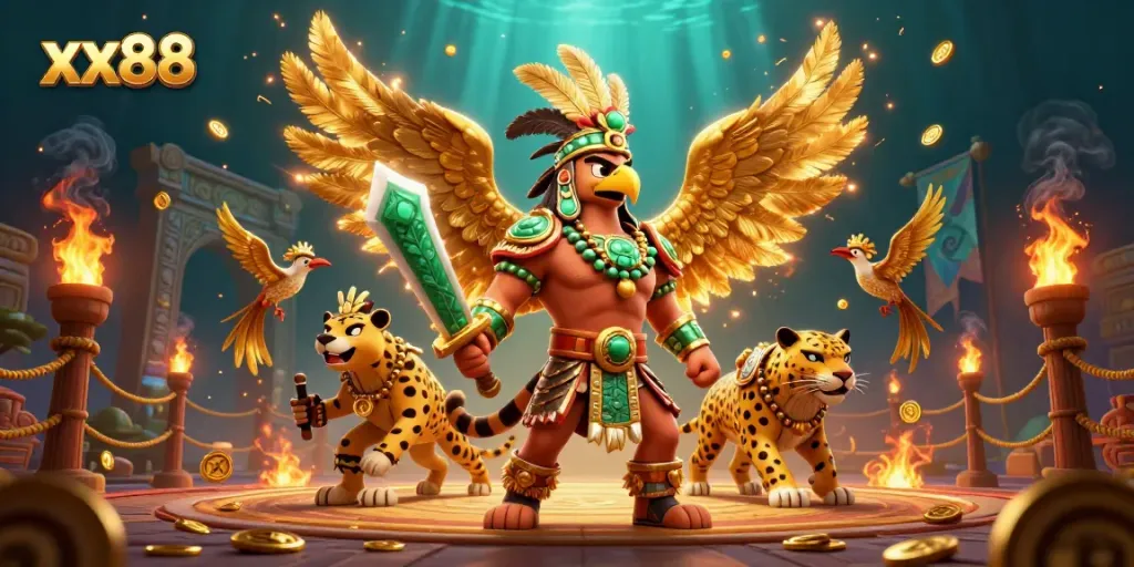 Engage in thrilling gameplay at xx88, featuring an Aztec warrior and casino elements.