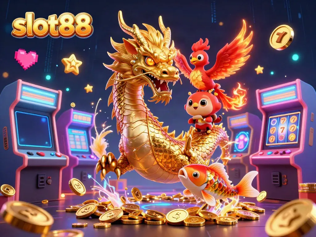 Experience the excitement of slot88 with a golden dragon and vibrant casino elements in a rich 3D illustration.