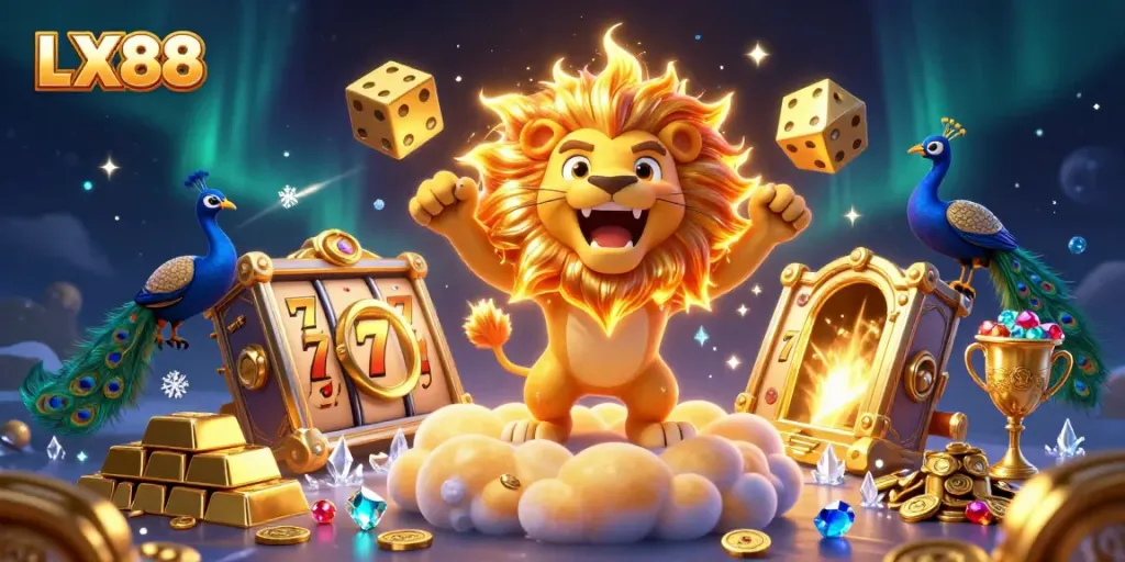 Engage in exciting slots action at LX88 with vibrant cartoon characters and golden treasures.
