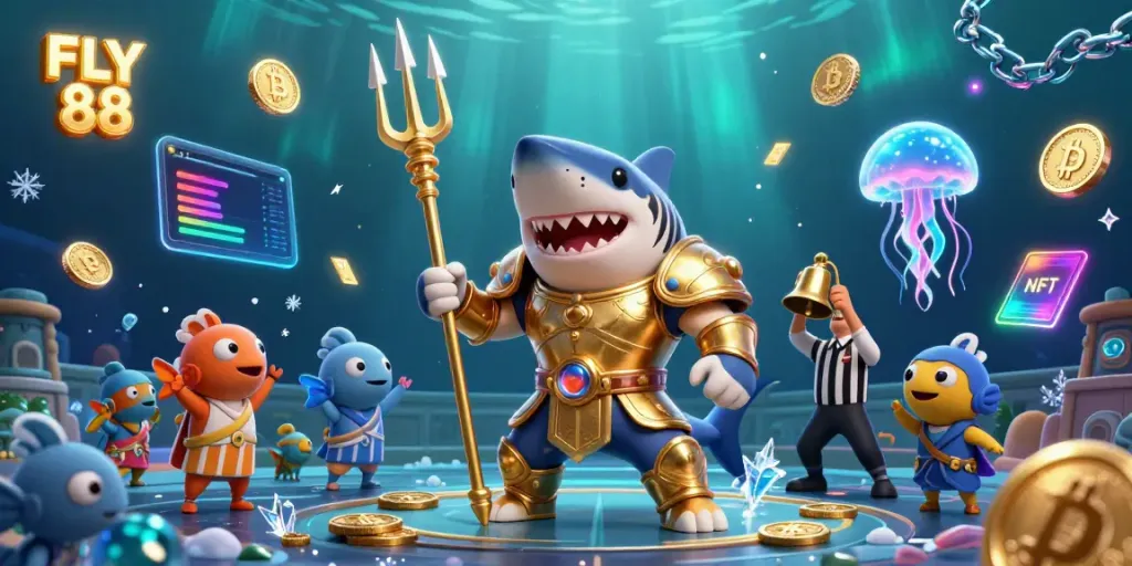 Engage with the vibrant underwater world of FLY 88 featuring an armored shark amidst a cheering crowd of fish and dynamic crypto elements.