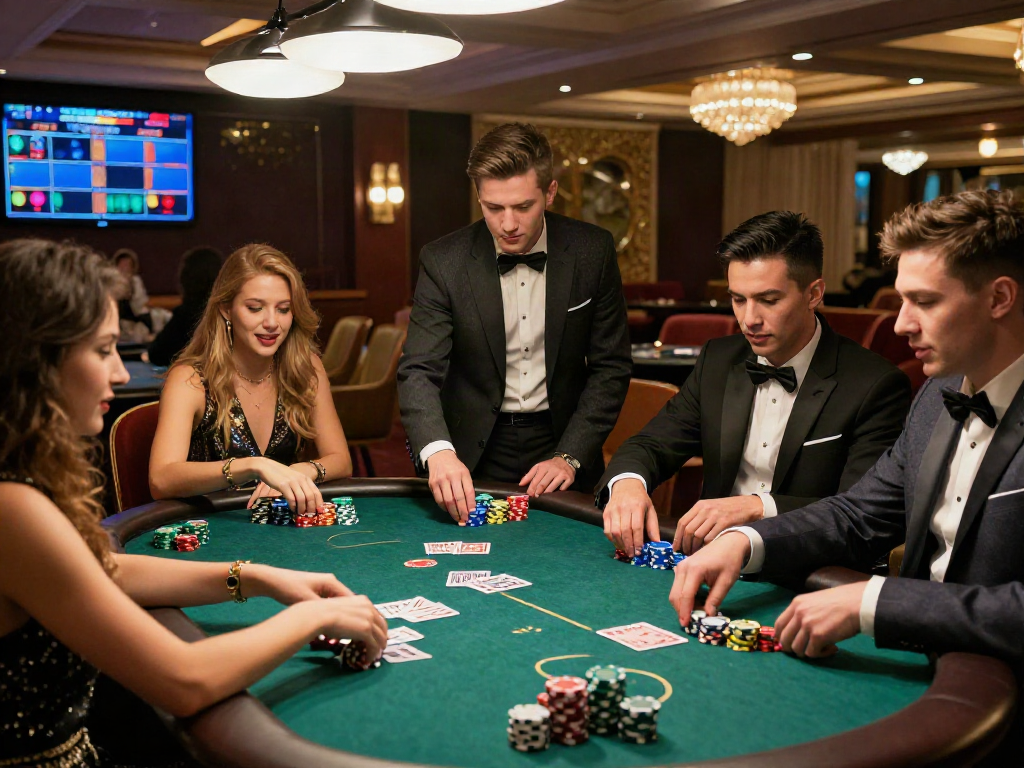 Ambiance de casino avec un groupe d'amis jouant et profitant de leur expérience dans un casino en ligne fiable.