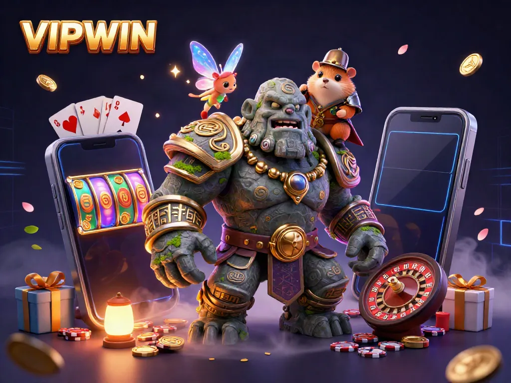 Experience the thrill of VIPWIN with a magical scene of gaming characters and dynamic slot elements.