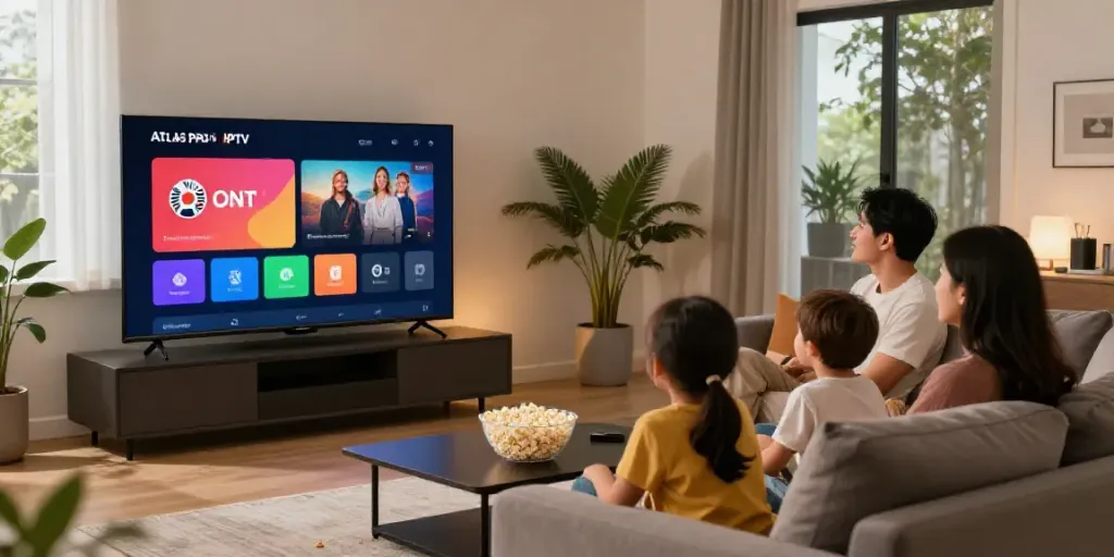 Famille regardant des émissions sur Atlas Pro IPTV dans un salon moderne.