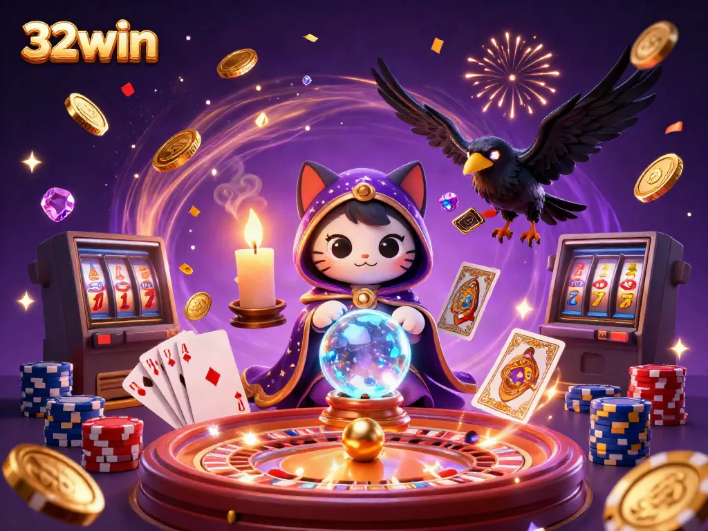 Win big with 32win's vibrant casino scene featuring mystical characters and themed elements.