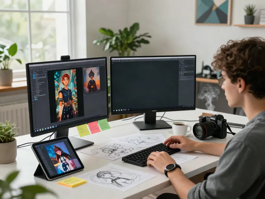 Workspace with designer analyzing AI NSFW images on a monitor, showcasing creativity and innovation.