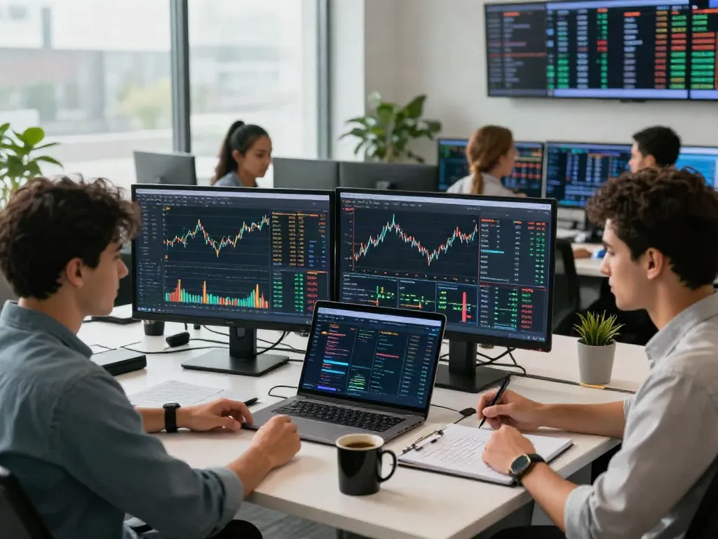 Couponeau : Traders utilisant une plateforme de trading automatisée avec assistance IA dans un bureau moderne.