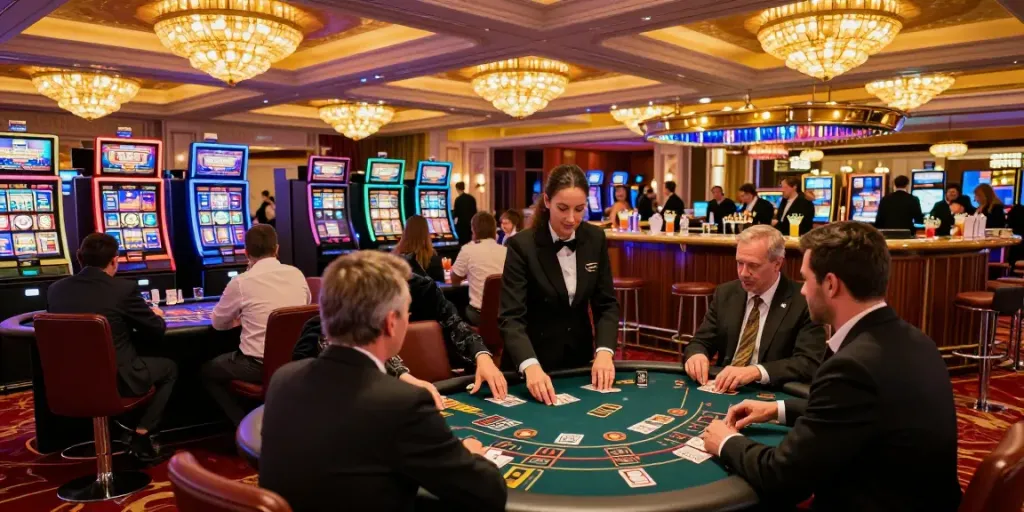 Ambiance de casino en ligne mettant en avant des jeux de table et une atmosphère élégante.