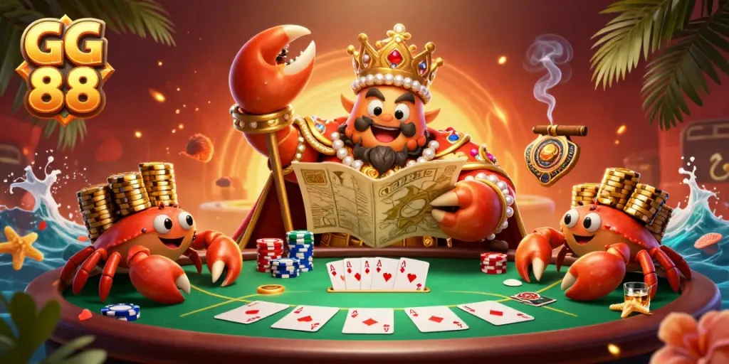 Experience thrilling poker excitement at GG 88 with a golden crab emperor overseeing a lively game.