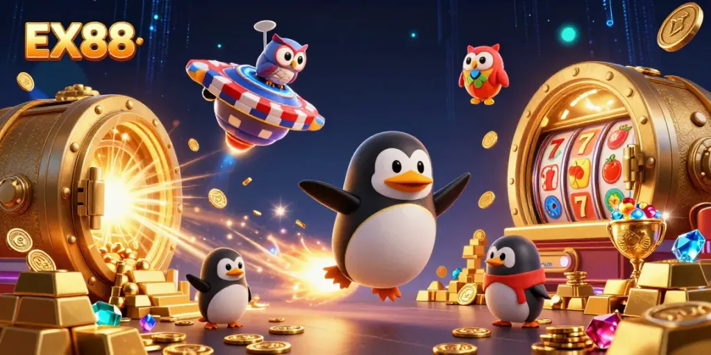Experience thrilling casino adventures with EX88's golden penguin soaring through a vibrant gaming universe.