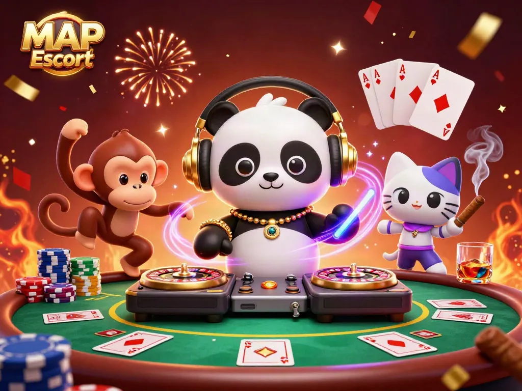 Engage with the vibrant MAP Escort scene featuring a DJ panda, dancing monkey, and glowing kitten amidst casino elements.