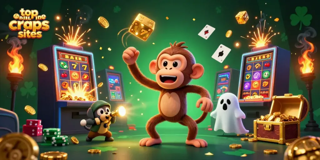 Engage in the top online craps sites atmosphere with a ghost-hunter puppy tracking a poltergeist monkey juggling golden casino elements.