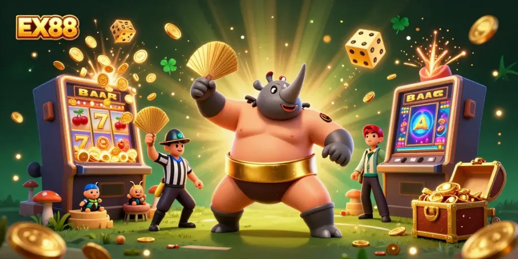 Engage in thrilling betting experiences at EX88 with colorful animated casino games and lively characters.