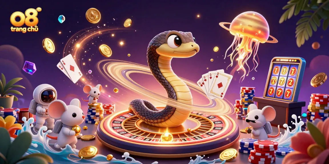 Bet on o8 trang chủ while a cosmic dealer spins a roulette wheel in a vibrant casino universe.