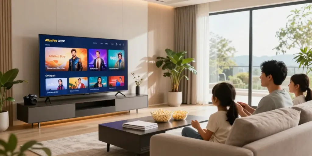 La famille regarde Atlas Pro ONTV dans leur salon moderne avec un grand écran TV.
