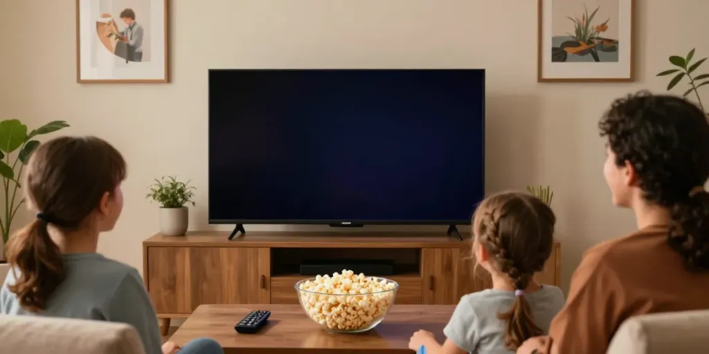 Famille regardant un abonnement IPTV France dans un salon confortable, ambiance chaleureuse.