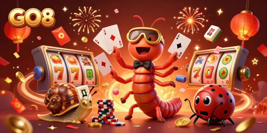 Experience vibrant gameplay with GO8 at this lively casino scene featuring a millipede dealer and high-rollers.