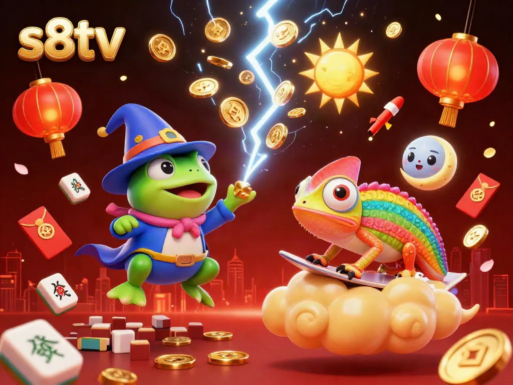 Experience the magic of s8tv as a frog wizard creates a golden coin storm in a vibrant gambling-themed 3D illustration.