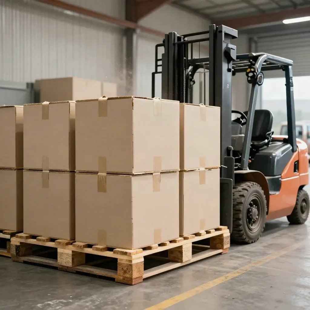 Quai logistique avec palettes alignées, chariot élévateur au repos et lumière dorée