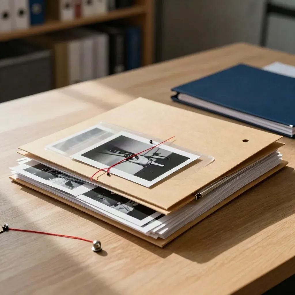 Table d’enquête éditoriale avec dossiers kraft, contacts photo, épingles acier et ficelle rouge.