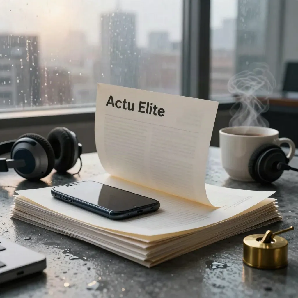 Pile de briefings, smartphone, casque et café dans une ambiance urbaine humide à l’aube.