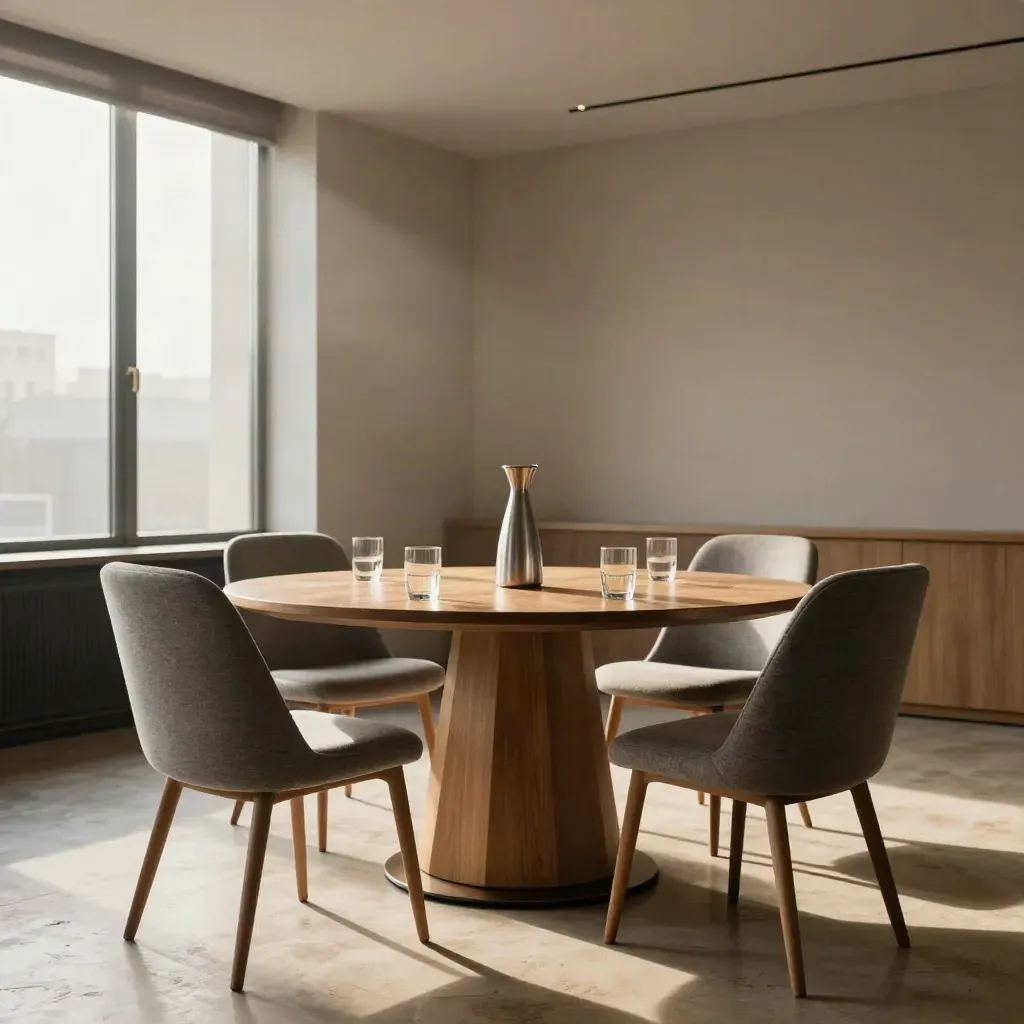 Salle de conférence vide, table ronde, deux chaises et verres d’eau sous une lumière chaude.