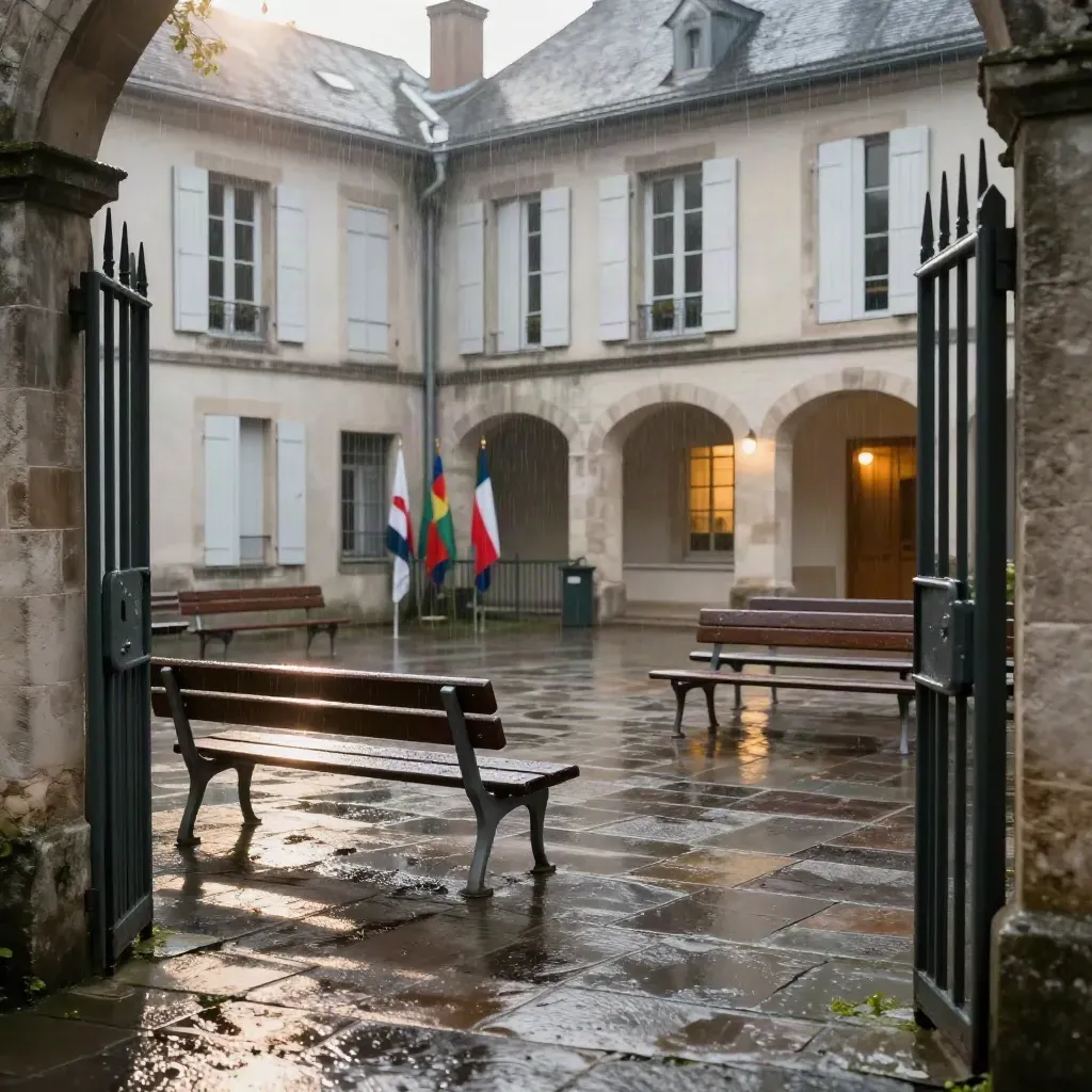 Cour de collège public sous la pluie, volets fermés, bancs métalliques et drapeaux flous.
