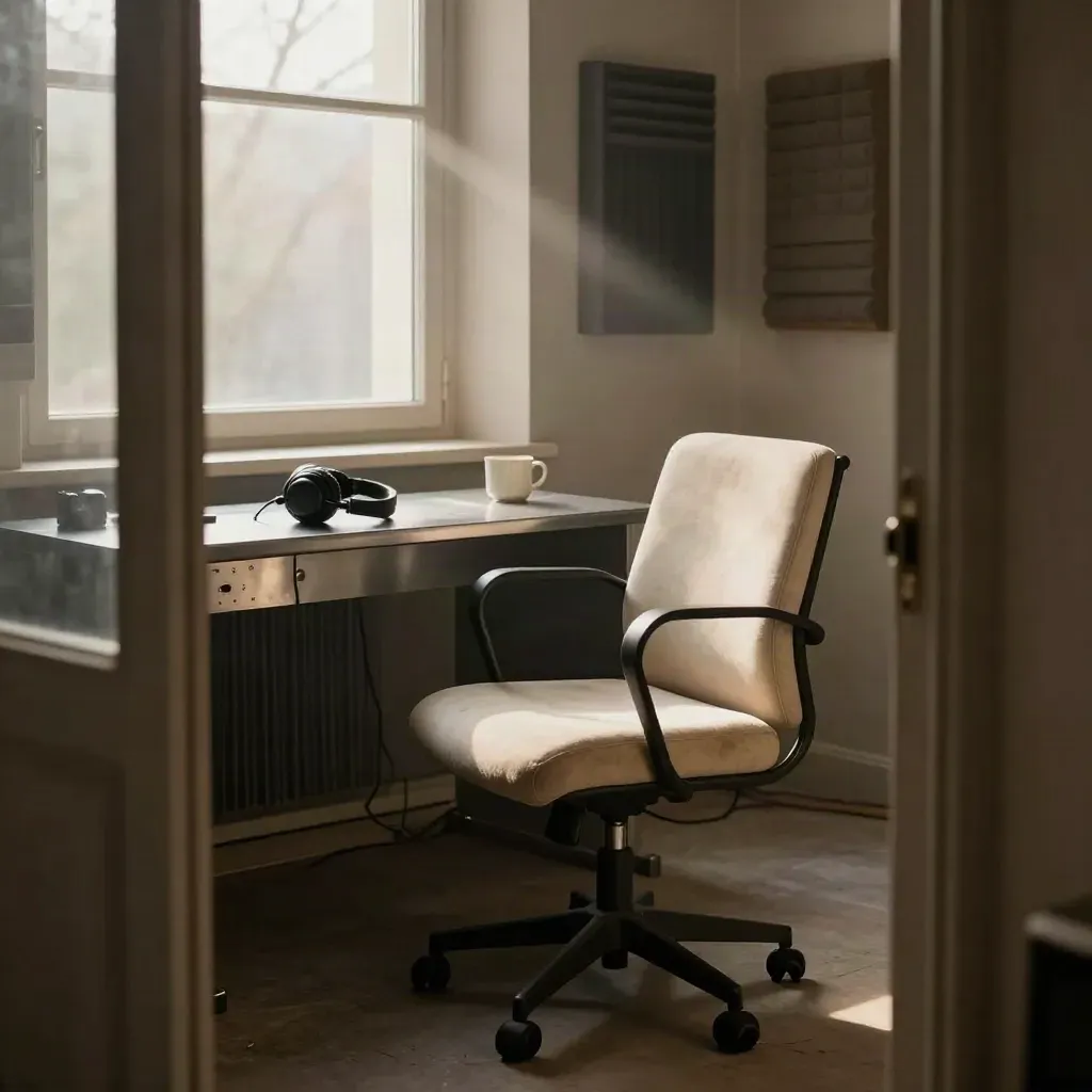 Studio de matinale vide au lever du jour, fauteuil, casque et tasse près d’une baie vitrée.