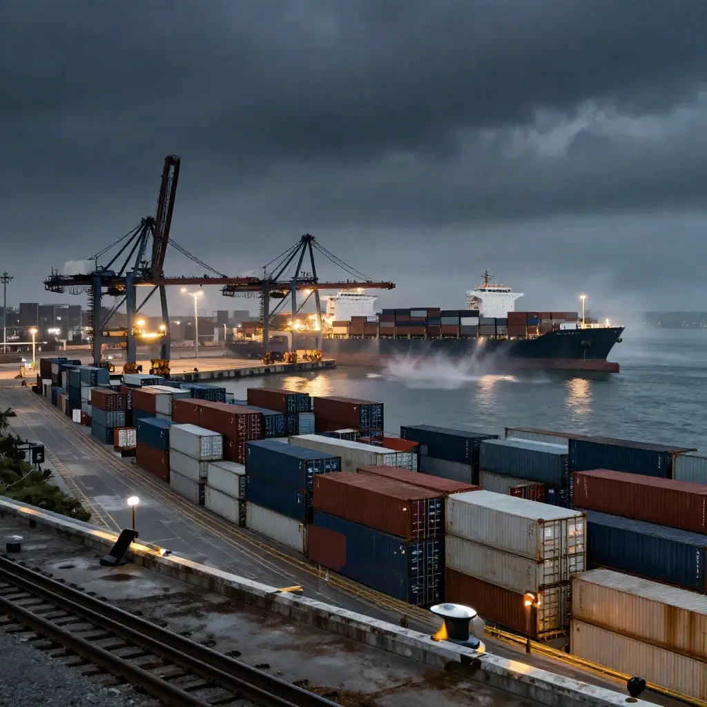 Port international au crépuscule, cargo en approche, grues immobiles et lumières de quai allumées.