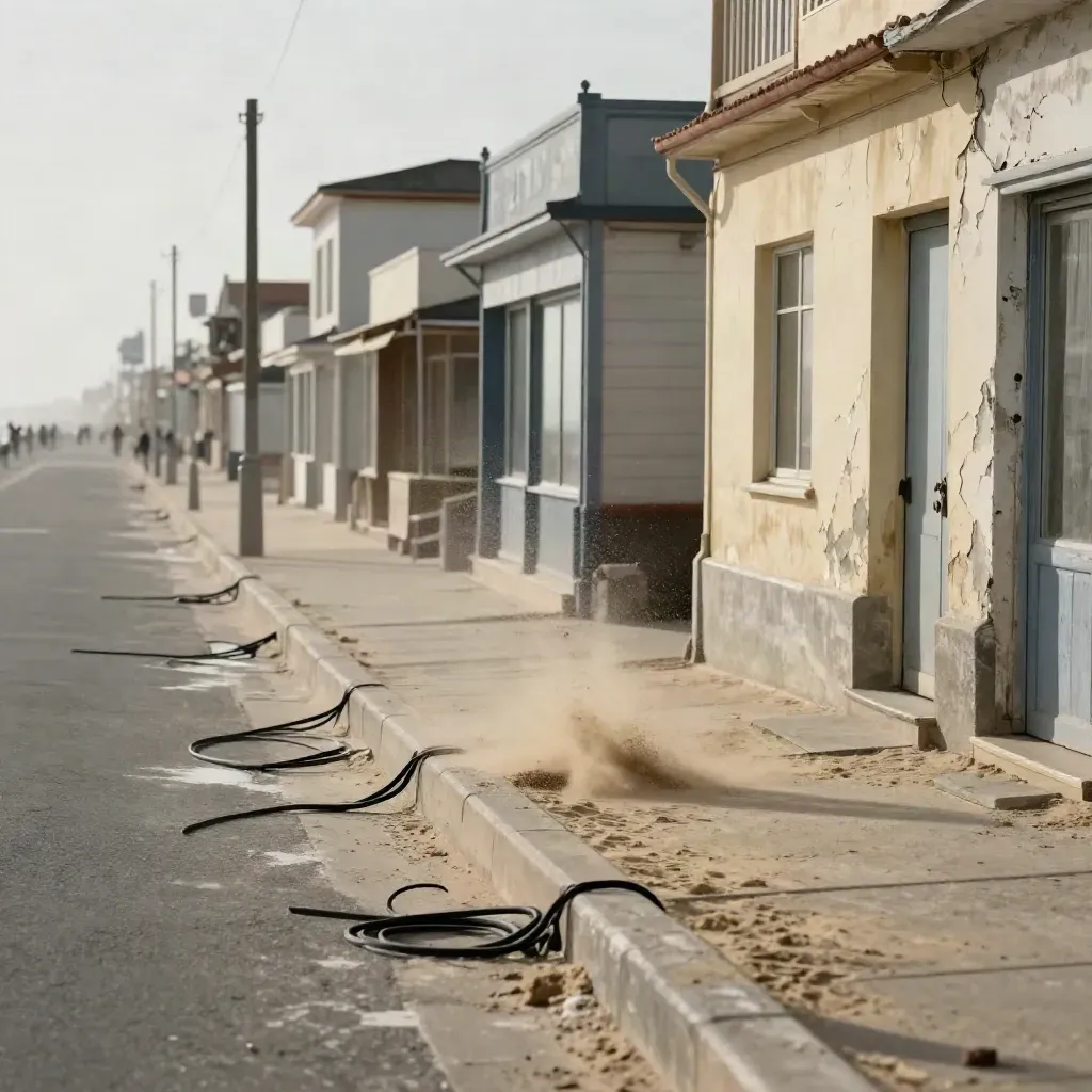 Rue de bord de mer ventée, barrières mobiles et sable soulevé, façades salées.