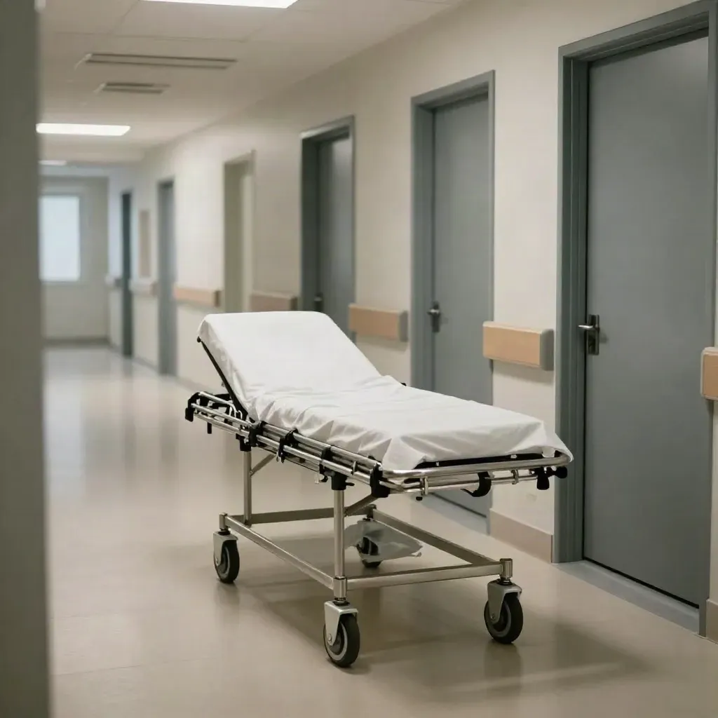 Couloir d’hôpital moderne, brancard vide et chariot propre sous une lumière froide d’aube.