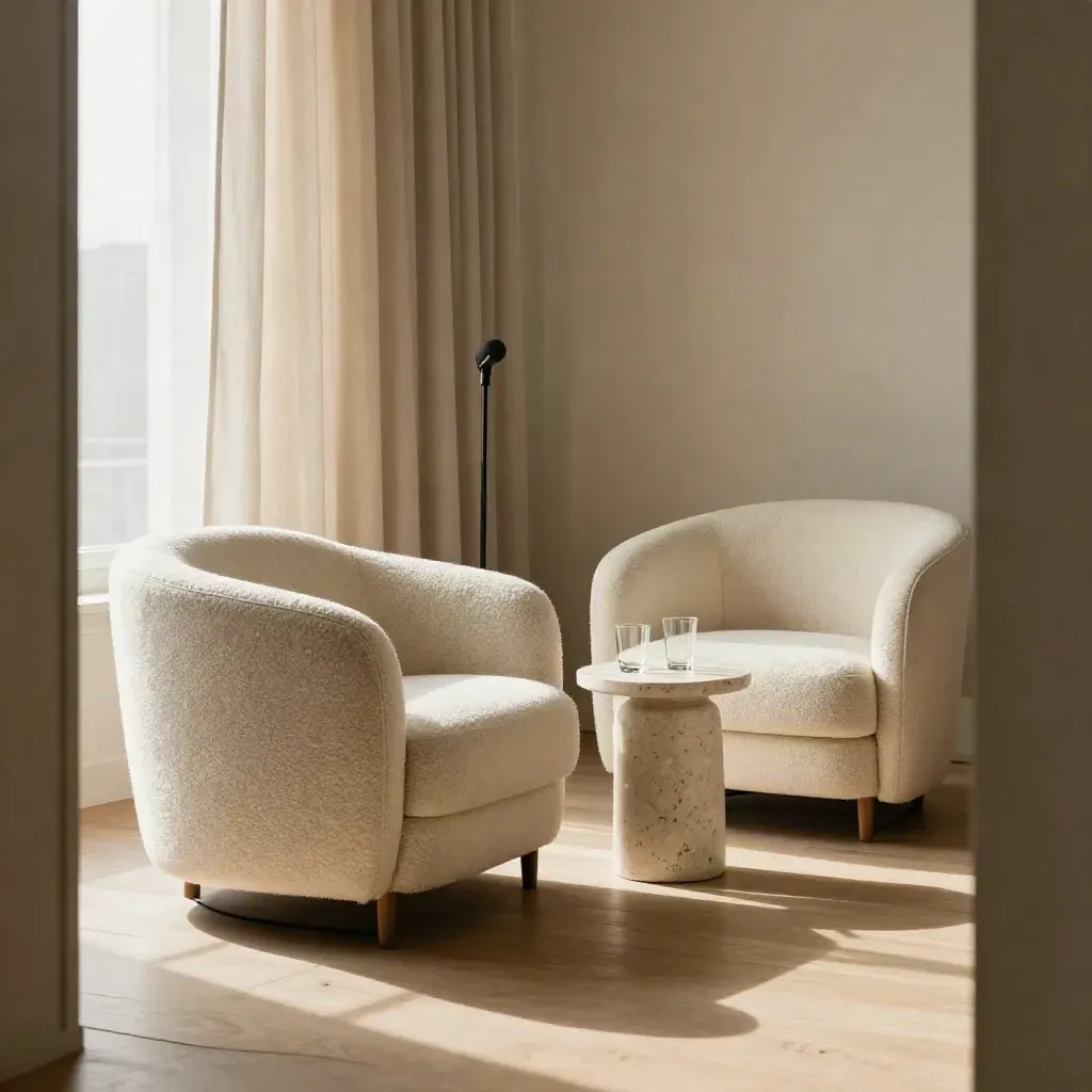 Plateau d’interview vide avec deux fauteuils, table d’eau et micro, lumière chaude.
