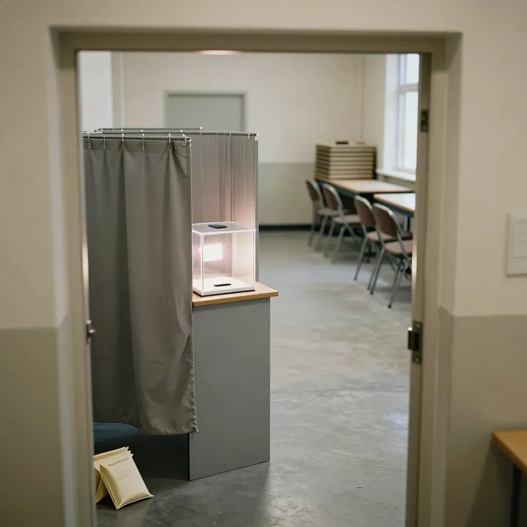 Salle de vote municipale prête avant l’ouverture, urne transparente et isoloirs gris.