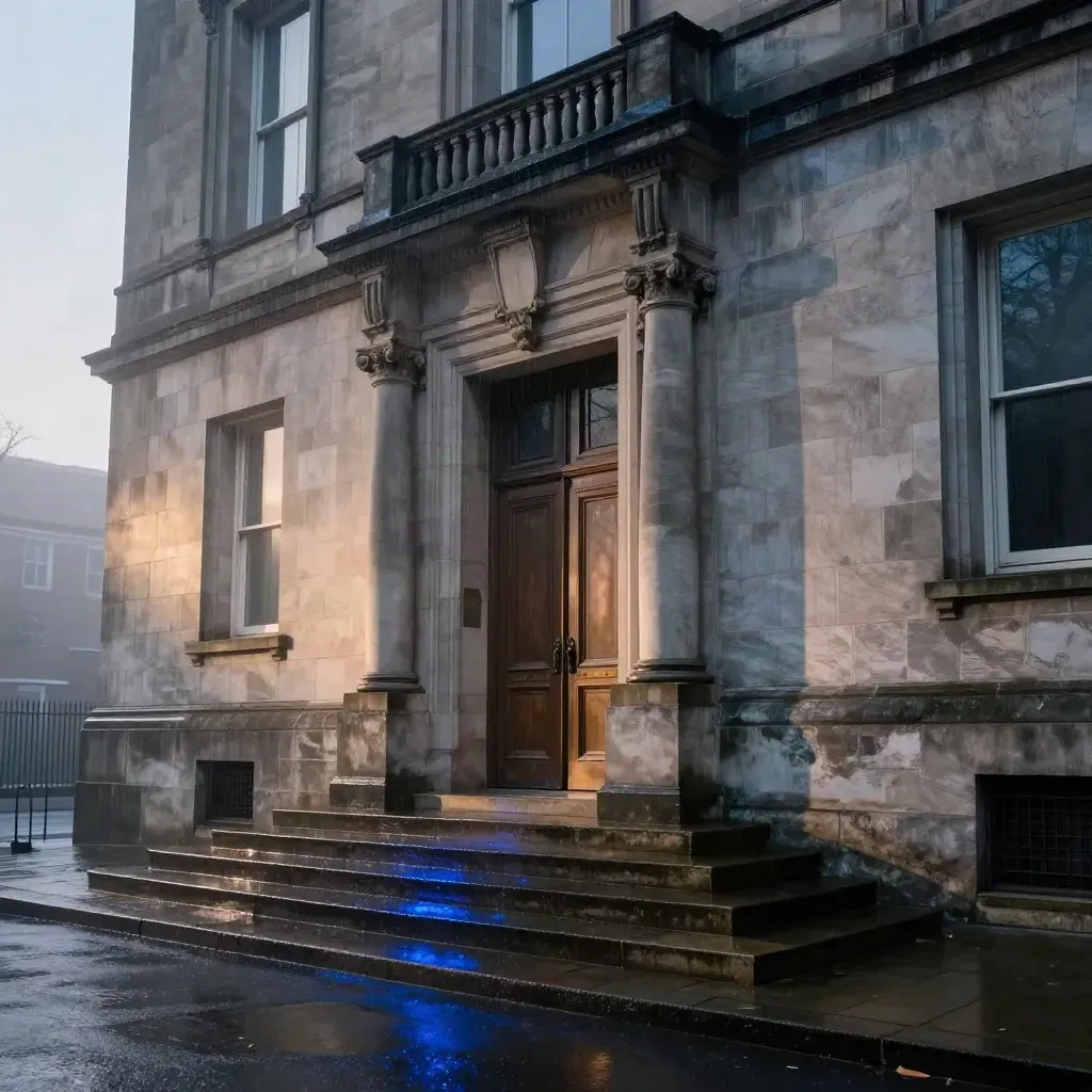 Façade d’un palais de justice mouillée par la pluie, porte entrouverte et marches brillantes à l’aube.