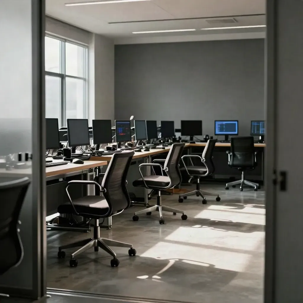 Salle de montage vide en fin de journée, lumière rasante, chaises désertées et écran flou.