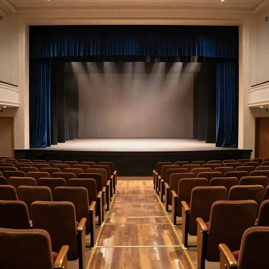 Salle de théâtre vide, rideaux bleu nuit et projecteurs allumés pour la répétition.
