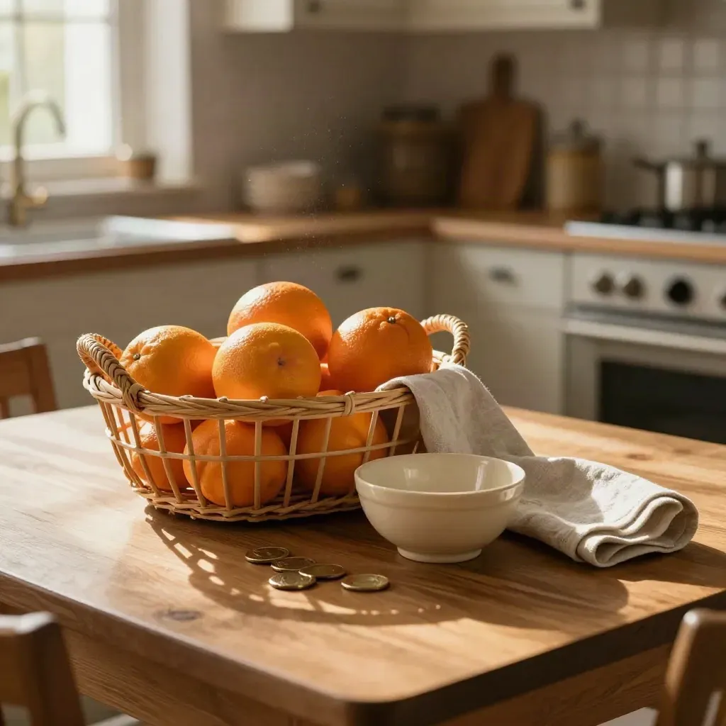 Table de cuisine avec panier d’épicerie, oranges et pièces sous une lumière dorée.