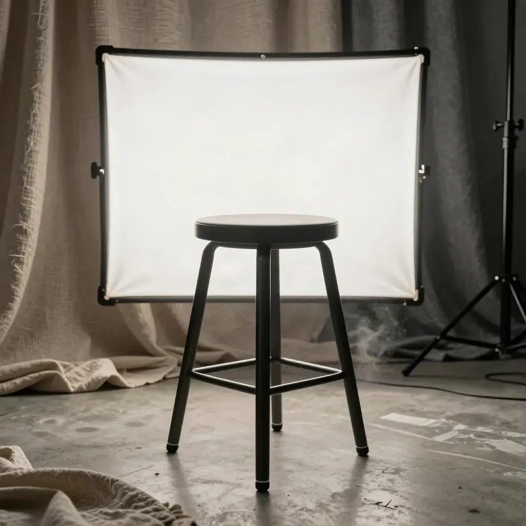 Plateau vidéo éditorial avec panneau lumineux diffus, tabouret et fond textile neutre.