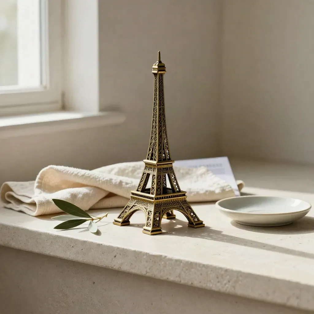Presse-papier Tour Eiffel en laiton, linge crème, soucoupe en céramique et feuille d’olivier sur pierre claire.