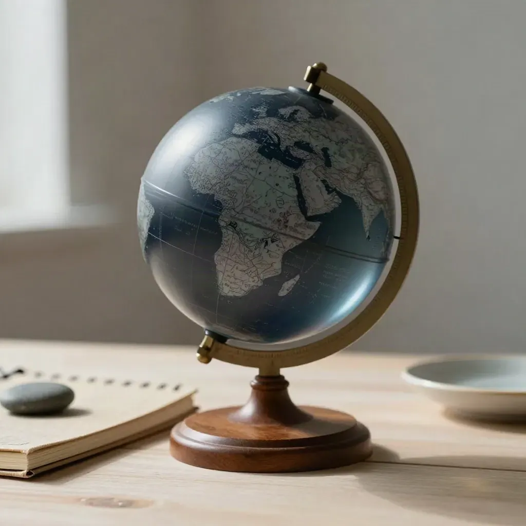 Petit globe ancien en verre mat, carnet fermé et pierre plate sur bois clair.