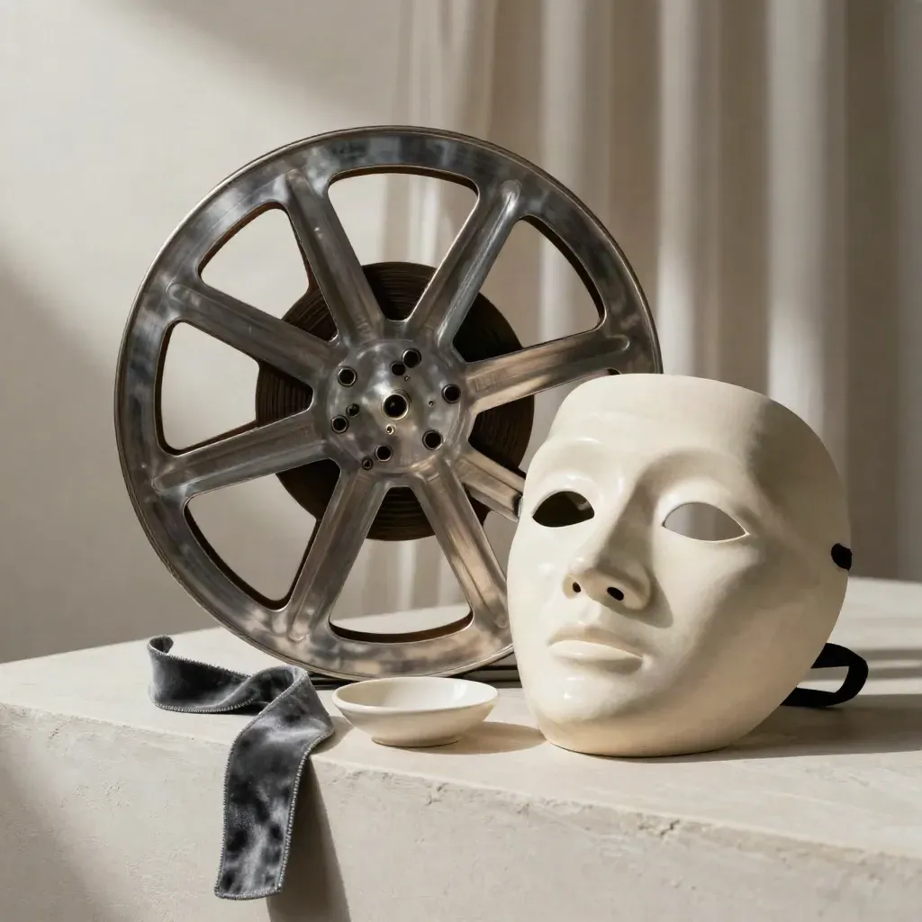 Bobine de film, masque de théâtre en céramique, ruban de velours et coupelle sur tablette claire.