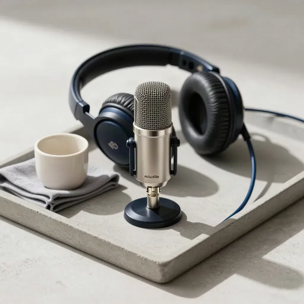 Micro, casque et tasse sur un plateau en pierre, ambiance éditoriale premium.