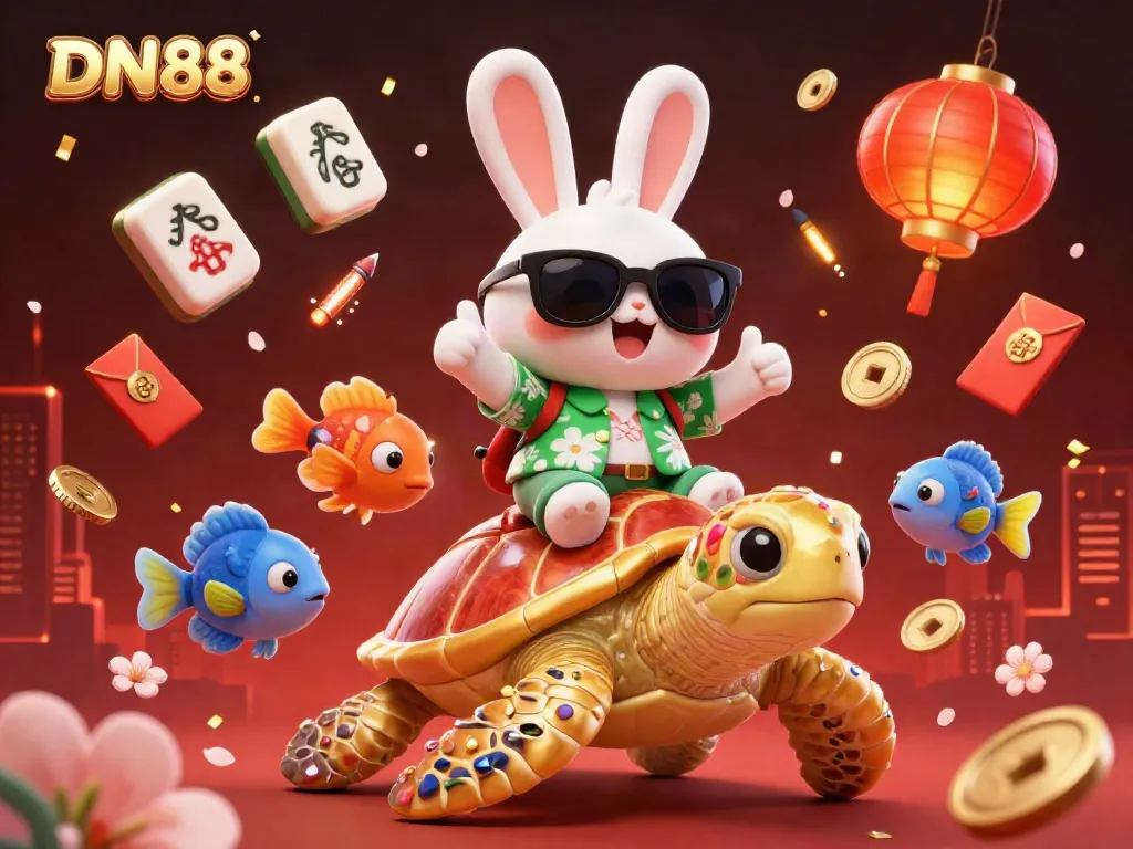 Experience DN88's vibrant gaming world with a 3D rabbit and turtle in a dynamic casino scene.