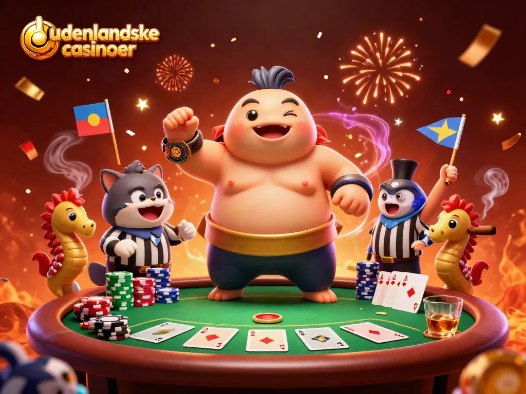 Engage with udenlandske casinoer through a vibrant underwater poker scene featuring animated characters and festive elements.