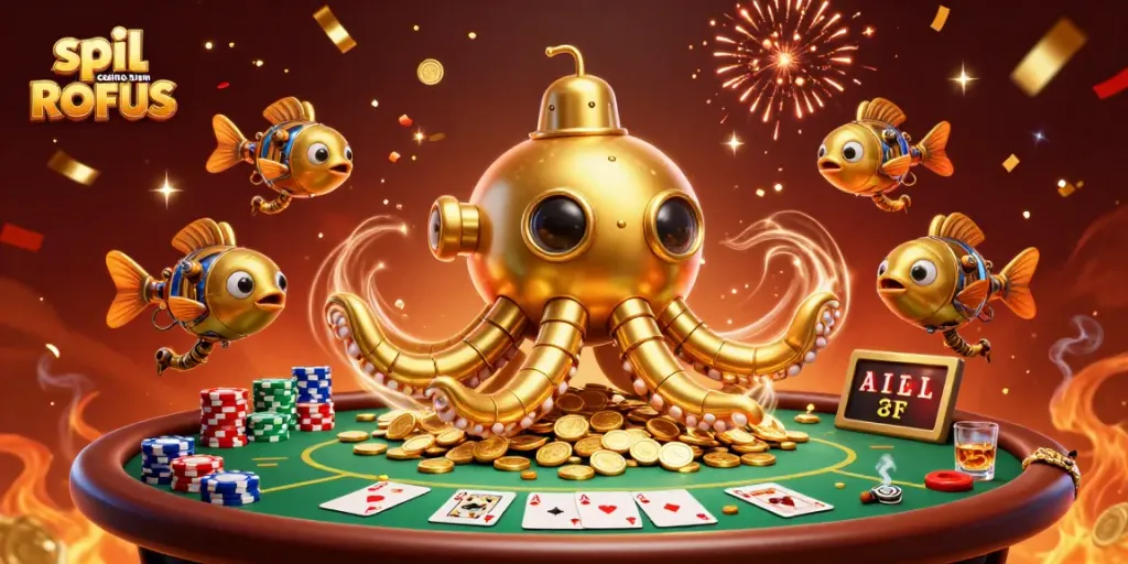 Play at spil casino uden om ROFUS with a golden kraken submarine basking in coins and poker elements.