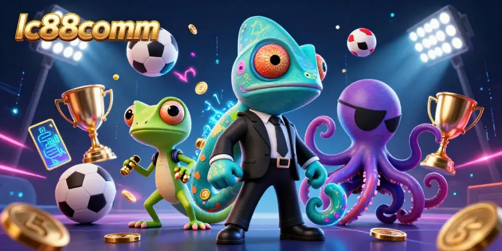 Engage in thrilling gameplay at lc88comm with a dynamic illustration featuring gambling elements and characters.