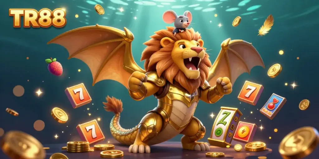 Engage with TR88's captivating 3D illustration featuring a chimera creature and vibrant casino elements for thrilling online gaming.